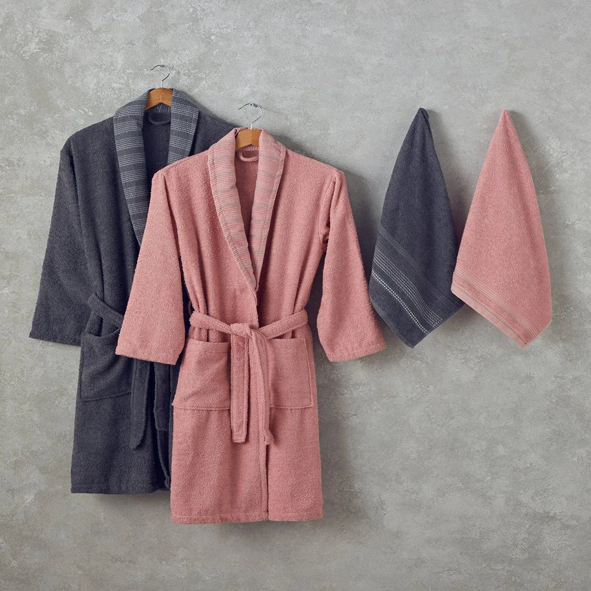English Home Wolin Cotton Polyester Bordered Badjas Set - S-M & L-XL - Lila-Steengrijs