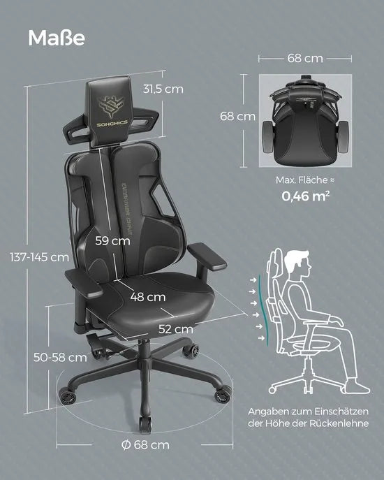 EVOGAMER CHAIR Gamingstoel - Bureaustoel - Hoogte Verstelbaar - Textuur met Koolstofvezeleffect - Hoofdsteun - Verstelbare Armleuningen - Tot 150 kg Belastbaar - Inktzwart