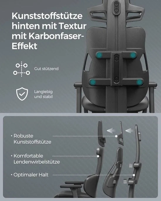 EVOGAMER CHAIR Gamingstoel - Bureaustoel - Hoogte Verstelbaar - Textuur met Koolstofvezeleffect - Hoofdsteun - Verstelbare Armleuningen - Tot 150 kg Belastbaar - Inktzwart