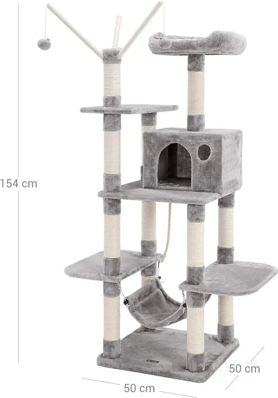 Feandrea Kattenboom Lichtgrijs XL - Krabpaal 154cm - Klimboom Met Hangmat PCT86W