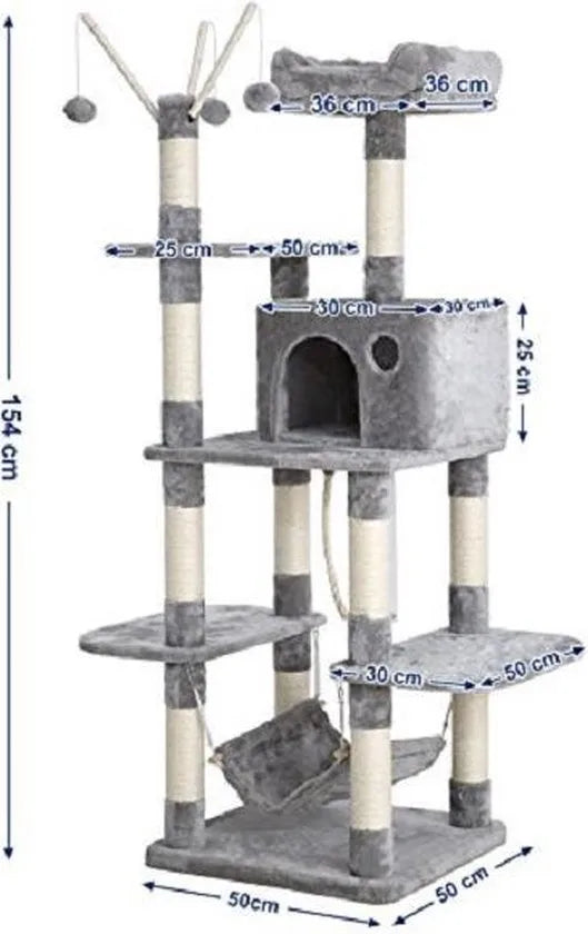 Feandrea Kattenboom Lichtgrijs XL - Krabpaal 154cm - Klimboom Met Hangmat PCT86W