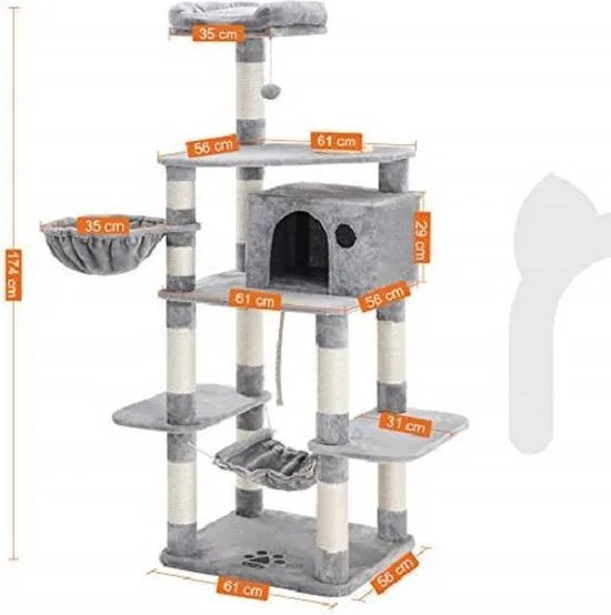 Feandrea Krabpaal XXL - Kattenhuis Lichtgrijs 174 cm - Katten Speelhuisje - Kattenboom