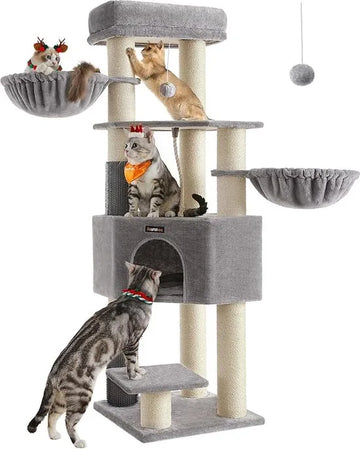 Feandrea PCT003N01 Krabpaal met zelfverwarmende dekens, voor grote katten, kattenboom, 2 kattenborstels, 9 dikke stammen van 11,1 cm in diameter, grote platforms, hol, 50 x 50 x 160 cm,