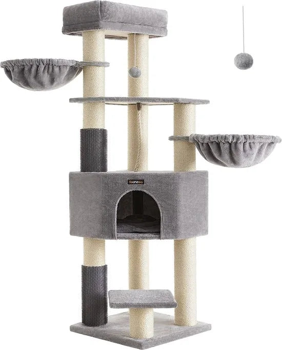 Feandrea PCT003N01 Krabpaal met zelfverwarmende dekens, voor grote katten, kattenboom, 2 kattenborstels, 9 dikke stammen van 11,1 cm in diameter, grote platforms, hol, 50 x 50 x 160 cm,