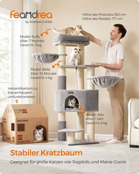 Feandrea PCT003N01 Krabpaal met zelfverwarmende dekens, voor grote katten, kattenboom, 2 kattenborstels, 9 dikke stammen van 11,1 cm in diameter, grote platforms, hol, 50 x 50 x 160 cm,