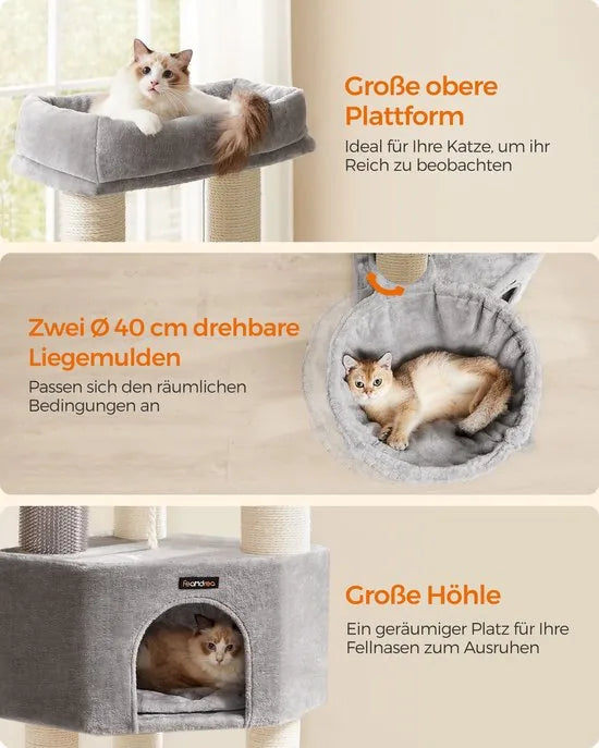 Feandrea PCT003N01 Krabpaal met zelfverwarmende dekens, voor grote katten, kattenboom, 2 kattenborstels, 9 dikke stammen van 11,1 cm in diameter, grote platforms, hol, 50 x 50 x 160 cm,