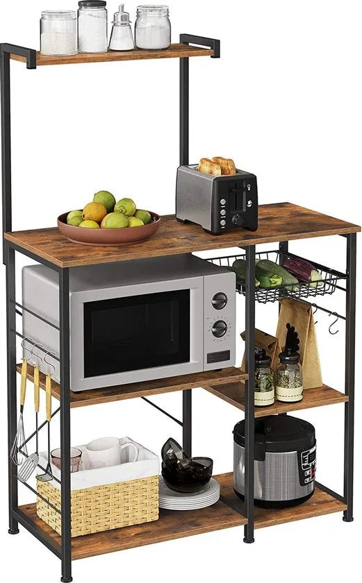 FURNIBELLA - keukenplank, staande plank met metalen mand, bakkerijplank met 6 S-haken en planken, magnetronplank, kruidenrek, voor potten en pannen, industrieel ontwerp, vintage bruin-zwart KKS35X