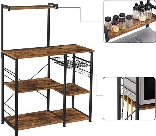 FURNIBELLA - keukenplank, staande plank met metalen mand, bakkerijplank met 6 S-haken en planken, magnetronplank, kruidenrek, voor potten en pannen, industrieel ontwerp, vintage bruin-zwart KKS35X