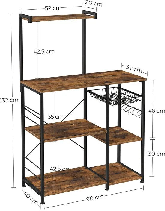 FURNIBELLA - keukenplank, staande plank met metalen mand, bakkerijplank met 6 S-haken en planken, magnetronplank, kruidenrek, voor potten en pannen, industrieel ontwerp, vintage bruin-zwart KKS35X