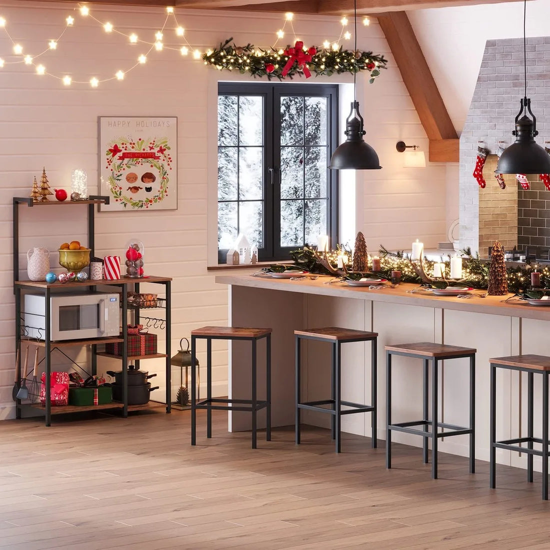 FURNIBELLA - keukenplank, staande plank met metalen mand, bakkerijplank met 6 S-haken en planken, magnetronplank, kruidenrek, voor potten en pannen, industrieel ontwerp, vintage bruin-zwart KKS35X