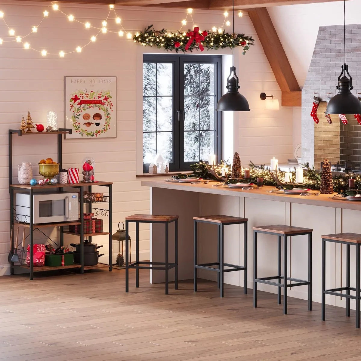 FURNIBELLA - keukenplank, staande plank met metalen mand, bakkerijplank met 6 S-haken en planken, magnetronplank, kruidenrek, voor potten en pannen, industrieel ontwerp, vintage bruin-zwart KKS35X