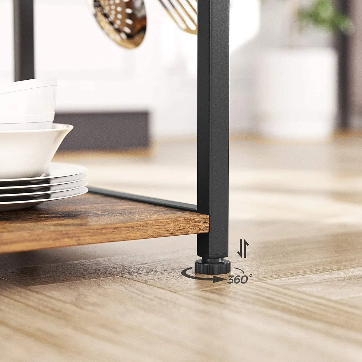 FURNIBELLA - keukenplank, staande plank met metalen mand, bakkerijplank met 6 S-haken en planken, magnetronplank, kruidenrek, voor potten en pannen, industrieel ontwerp, vintage bruin-zwart KKS35X