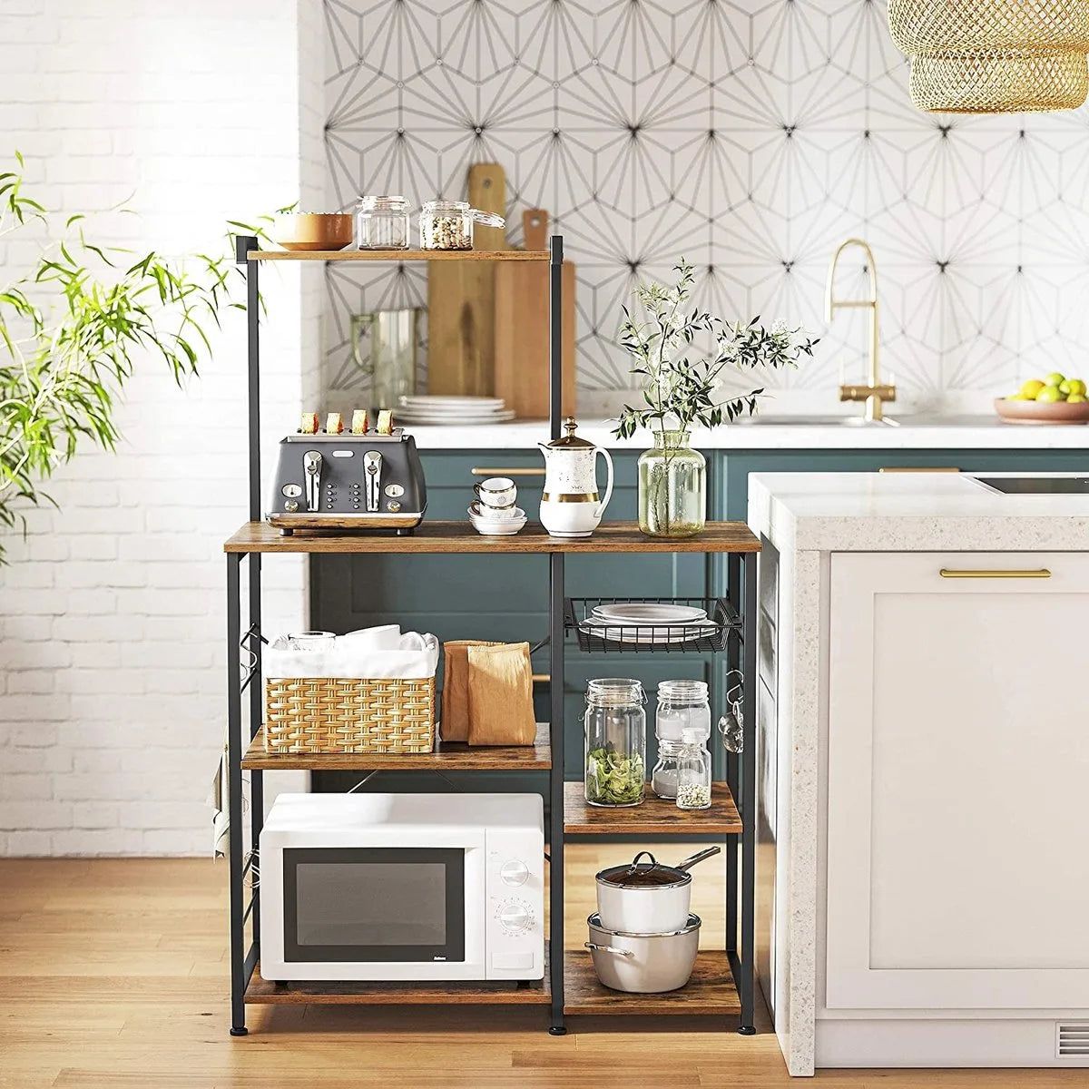 FURNIBELLA - keukenplank, staande plank met metalen mand, bakkerijplank met 6 S-haken en planken, magnetronplank, kruidenrek, voor potten en pannen, industrieel ontwerp, vintage bruin-zwart KKS35X