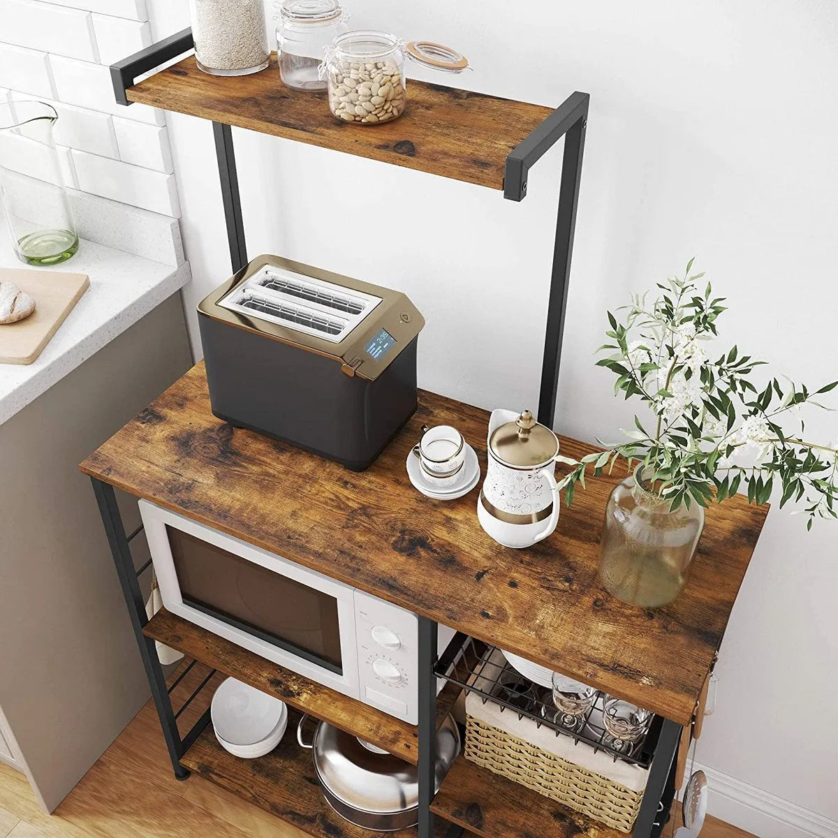 FURNIBELLA - keukenplank, staande plank met metalen mand, bakkerijplank met 6 S-haken en planken, magnetronplank, kruidenrek, voor potten en pannen, industrieel ontwerp, vintage bruin-zwart KKS35X