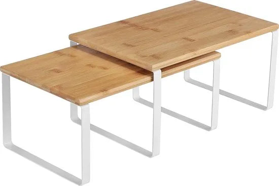 FURNIBELLA-Kruidenrek, set van 2, keukenplank, keukenorganiser, uitbreidbaar, kruidenhouder, stapelbaar, gemaakt van metaal en bamboe, wit-naturel KCS02NW