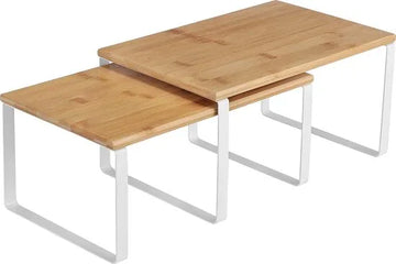 FURNIBELLA-Kruidenrek, set van 2, keukenplank, keukenorganiser, uitbreidbaar, kruidenhouder, stapelbaar, gemaakt van metaal en bamboe, wit-naturel KCS02NW