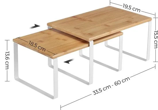 FURNIBELLA-Kruidenrek, set van 2, keukenplank, keukenorganiser, uitbreidbaar, kruidenhouder, stapelbaar, gemaakt van metaal en bamboe, wit-naturel KCS02NW