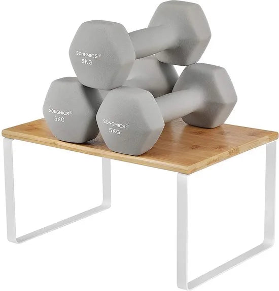 FURNIBELLA-Kruidenrek, set van 2, keukenplank, keukenorganiser, uitbreidbaar, kruidenhouder, stapelbaar, gemaakt van metaal en bamboe, wit-naturel KCS02NW