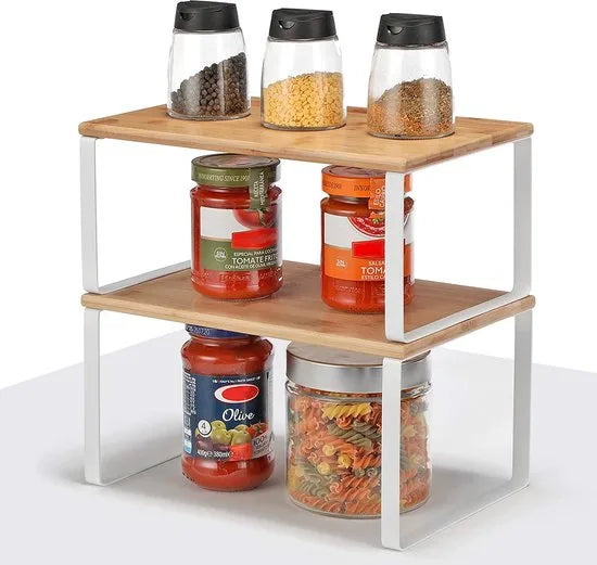 FURNIBELLA-Kruidenrek, set van 2, keukenplank, keukenorganiser, uitbreidbaar, kruidenhouder, stapelbaar, gemaakt van metaal en bamboe, wit-naturel KCS02NW