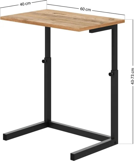 FurniChic -Bijzettafel -Houten en Metalen-Atlantische Grenen -Hoogte Verstelbaar Laptoptafel - Thuis en Kantoor -60x40x43/73 cm