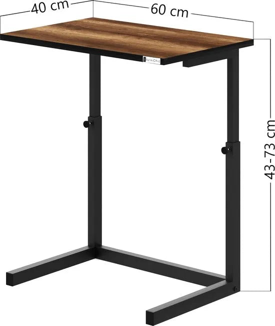FurniChic - Bijzettafel - Houten en Metalen -Walnoot - Hoogte Verstelbaar Laptoptafel- Thuis en Kantoor - 60x40x43/73 cm