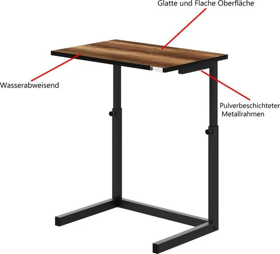 FurniChic - Bijzettafel - Houten en Metalen - Wit - Hoogte Verstelbaar Laptoptafel - Thuis en Kantoor - 60x40x43/73 cm – Walnoot
