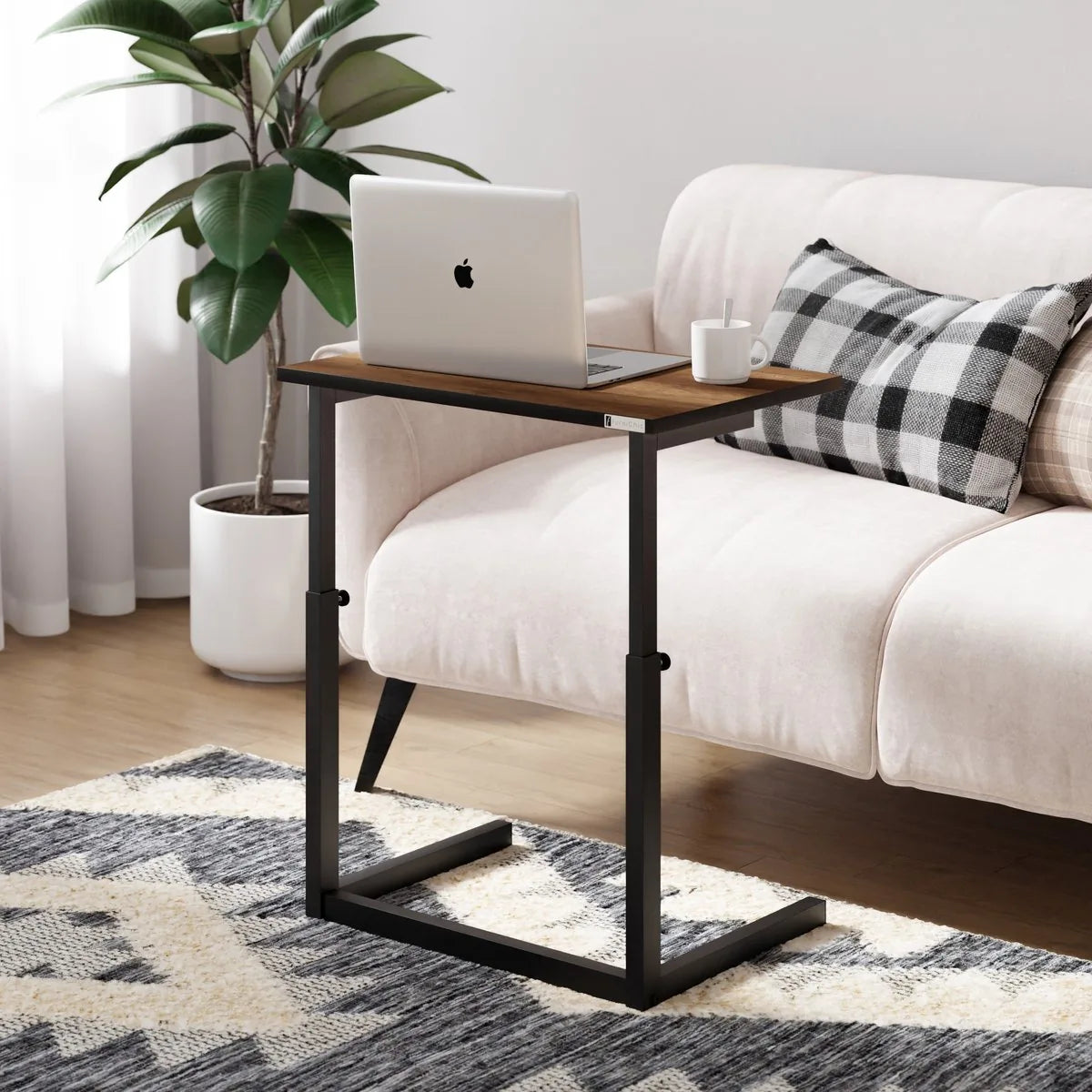 FurniChic - Bijzettafels - Salontafels - Plantentafel - Houten in Hoogte Verstelbare Laptoptafel - Thuiswerken -Bijzettafel metaal met hout - Vintage Bruin | 60x40x43/73cm -