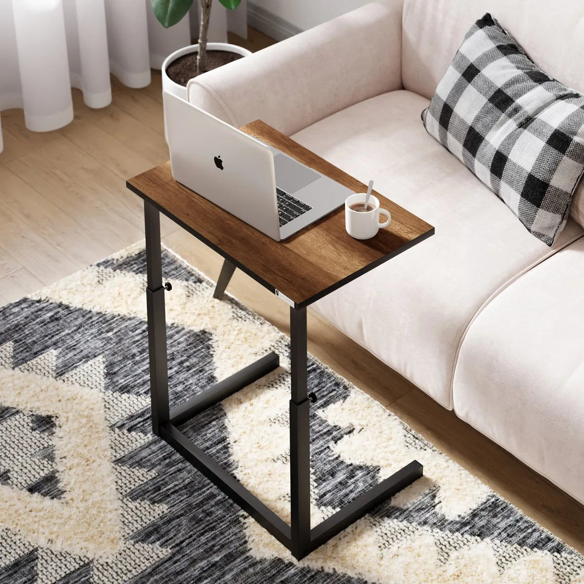 FurniChic - Bijzettafels - Salontafels - Plantentafel - Houten in Hoogte Verstelbare Laptoptafel - Thuiswerken -Bijzettafel metaal met hout - Vintage Bruin | 60x40x43/73cm -