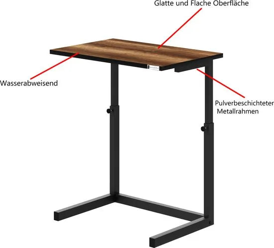 FurniChic - Bijzettafels - Salontafels - Plantentafel - Houten in Hoogte Verstelbare Laptoptafel - Thuiswerken -Bijzettafel metaal met hout - Vintage Bruin | 60x40x43/73cm -