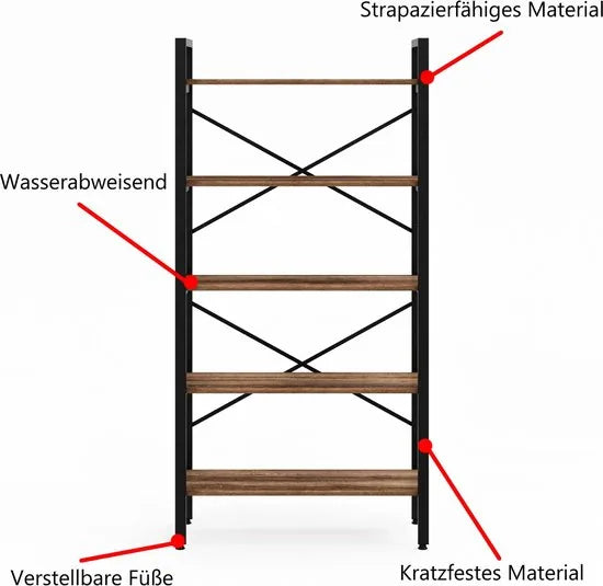 FurniChic- Boekenkast - Boekenrek - Vakkenkast - Industrieel - Hout/Metaal - Bruin- Maat: 90x34x180cm