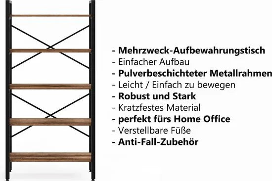 FurniChic- Boekenkast - Boekenrek - Vakkenkast - Industrieel - Hout/Metaal - Bruin- Maat: 90x34x180cm
