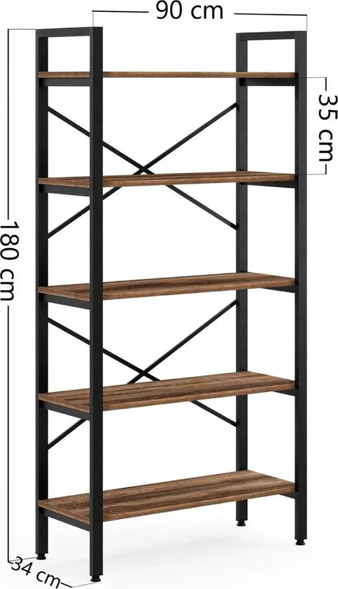 FurniChic- Boekenkast - Boekenrek - Vakkenkast - Industrieel - Hout/Metaal - Bruin- Maat: 90x34x180cm