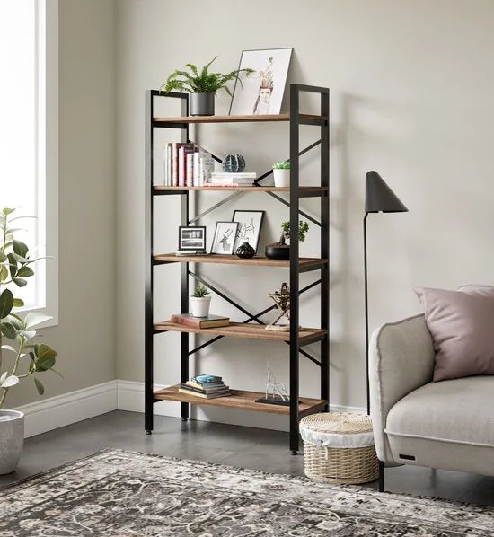 FurniChic- Boekenkast - Boekenrek - Vakkenkast - Industrieel - Hout/Metaal - Bruin- Maat: 90x34x180cm