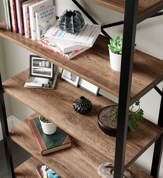 FurniChic- Boekenkast - Boekenrek - Vakkenkast - Industrieel - Hout/Metaal - Bruin- Maat: 90x34x180cm