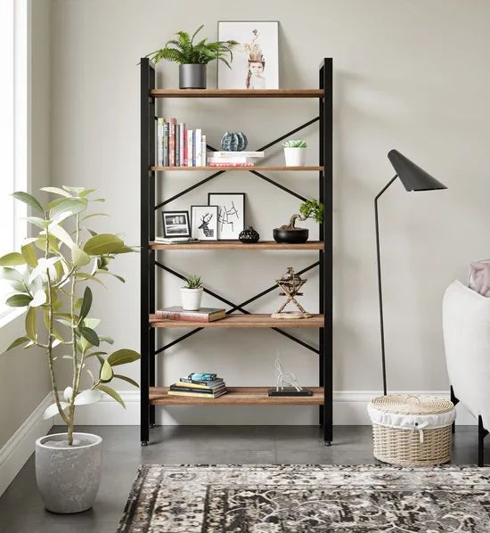 FurniChic- Boekenkast - Boekenrek - Vakkenkast - Industrieel - Hout/Metaal - Bruin- Maat: 90x34x180cm