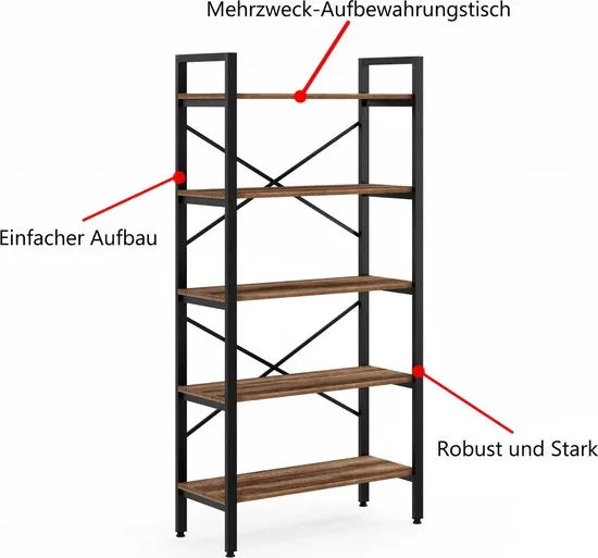 FurniChic- Boekenkast - Boekenrek - Vakkenkast - Industrieel - Hout/Metaal - Bruin- Maat: 90x34x180cm
