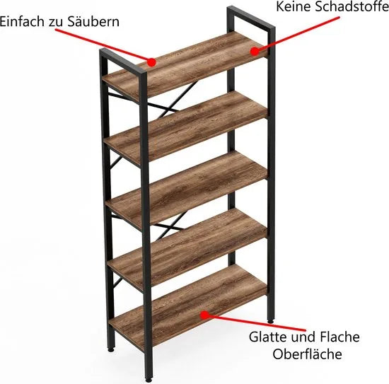 FurniChic- Boekenkast - Boekenrek - Vakkenkast - Industrieel - Hout/Metaal - Bruin- Maat: 90x34x180cm
