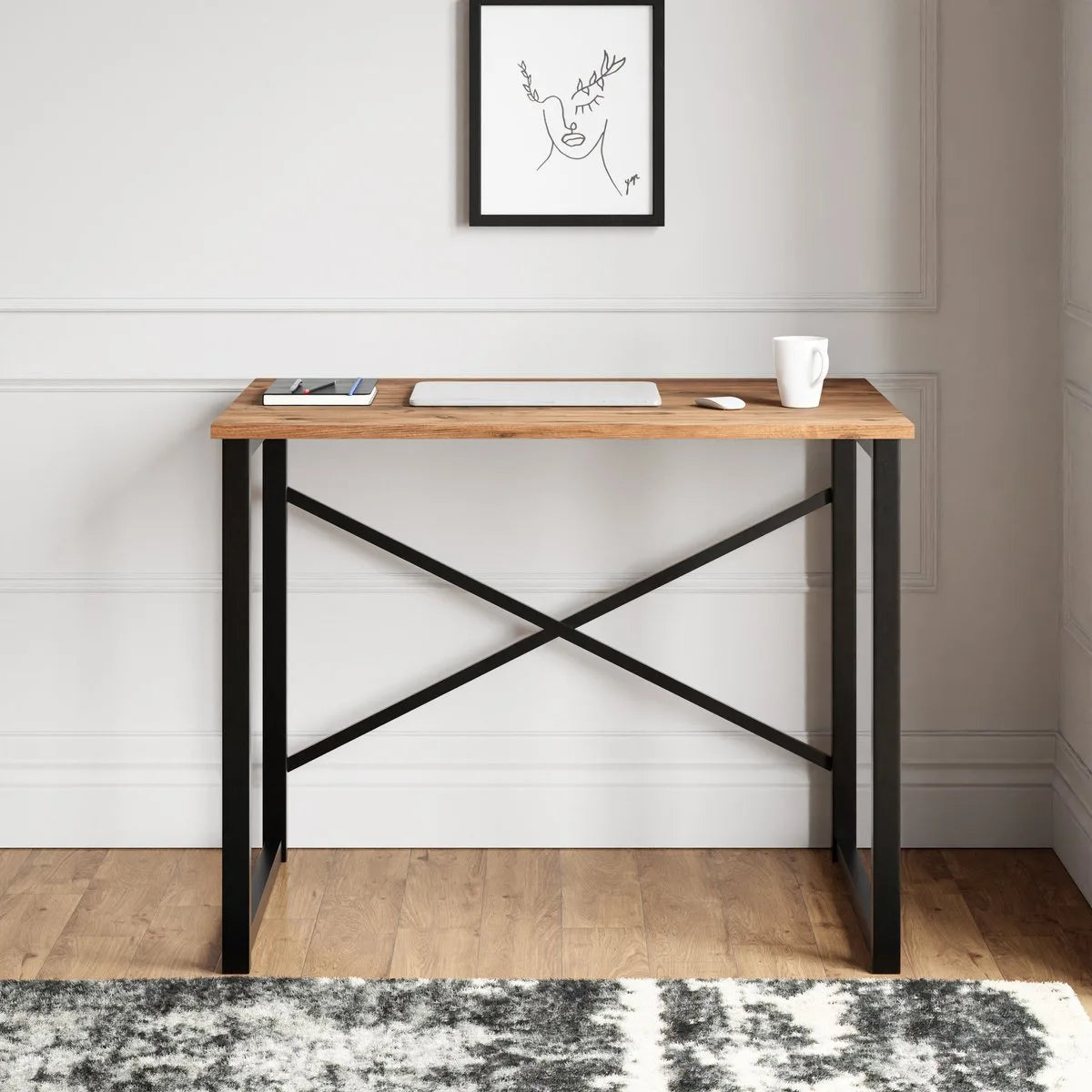 FurniChic, computertafel, bureau computertafel, laptop en PC tafel, studie bureau, industrieel ontwerp, voor thuiskantoor, eenvoudige montage, PINE((Atlantische Grenen)- maat 120x60x73 cm((lxbxh)