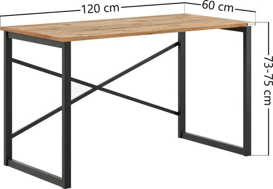 FurniChic, computertafel, bureau computertafel, laptop en PC tafel, studie bureau, industrieel ontwerp, voor thuiskantoor, eenvoudige montage, PINE((Atlantische Grenen)- maat 120x60x73 cm((lxbxh)