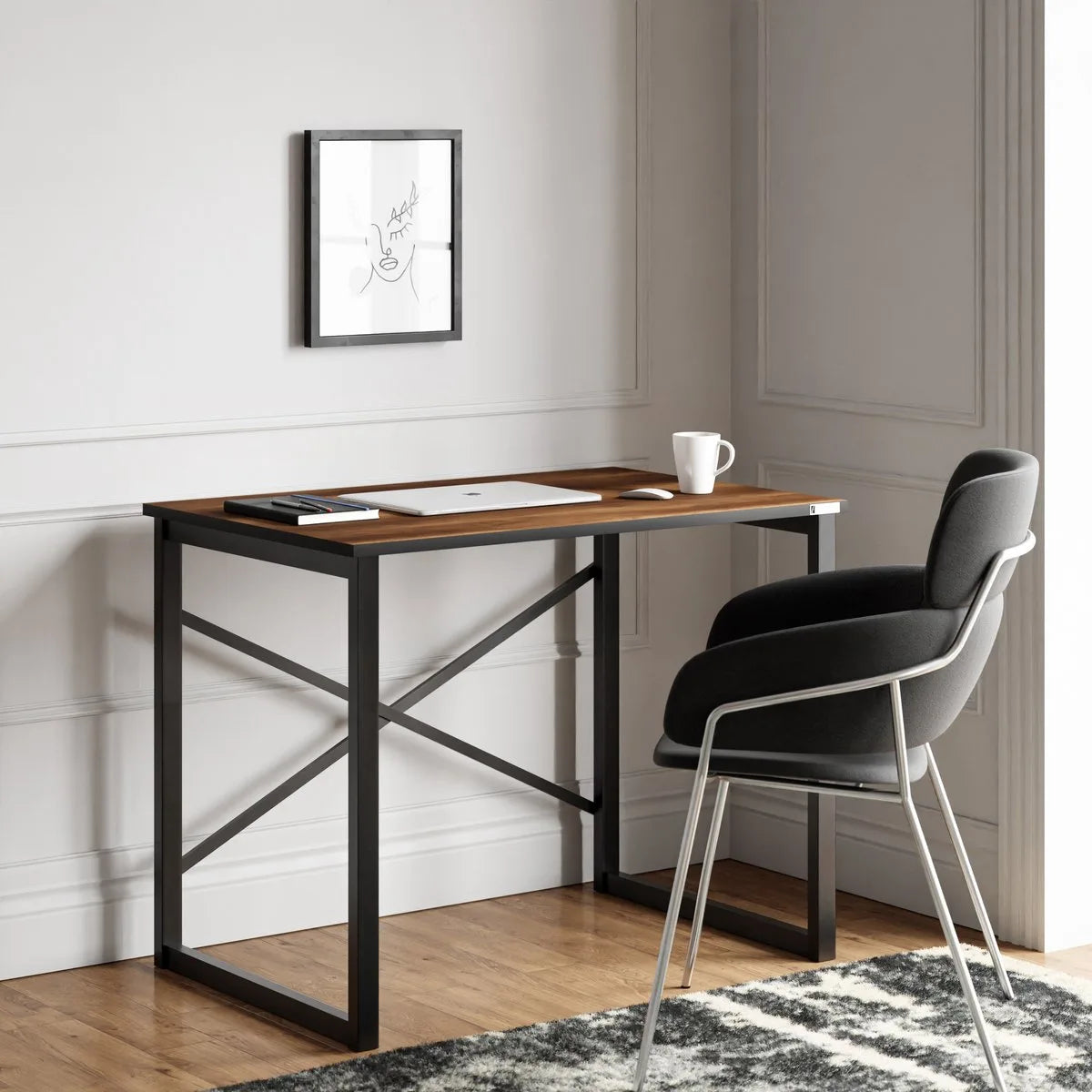 FurniChic, computertafel, bureau computertafel, laptop en PC tafel, studie bureau, industrieel ontwerp, voor thuiskantoor, eenvoudige montage, barok walnoot -90x60x73 cm(lxbxh)