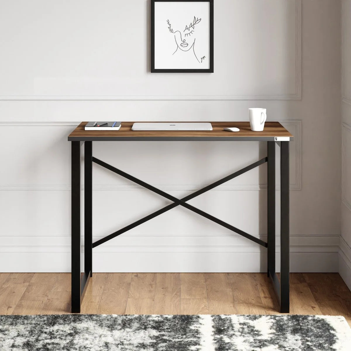 FurniChic, computertafel, bureau computertafel, laptop en PC tafel, studie bureau, industrieel ontwerp, voor thuiskantoor, eenvoudige montage, barok walnoot -90x60x73 cm(lxbxh)