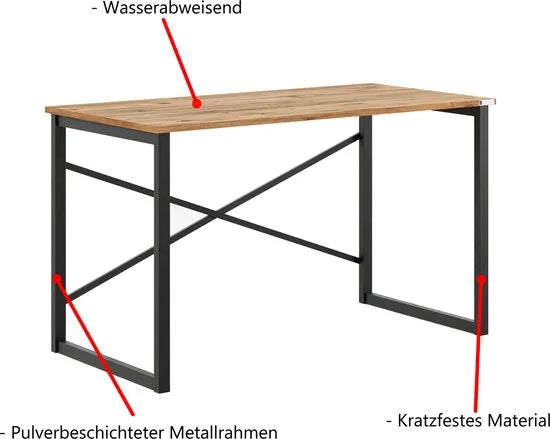FurniChic, computertafel, bureau computertafel, laptop en PC tafel, studie bureau, industrieel ontwerp, voor thuiskantoor, eenvoudige montage, PINE((Atlantische Grenen)- maat 120x60x73 cm((lxbxh)