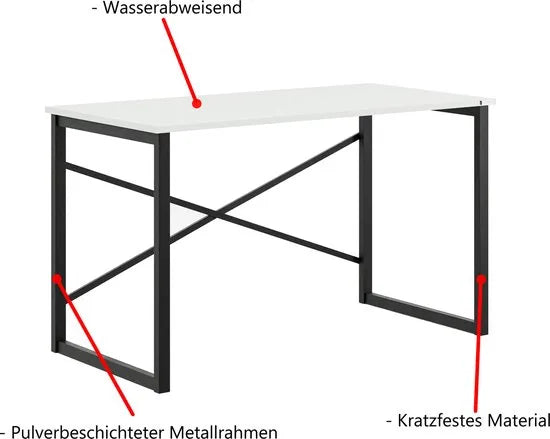 FurniChic, computertafel, bureau computertafel, laptop en PC tafel, studie bureau, industrieel ontwerp, voor thuiskantoor, eenvoudige montage, wit- 120x60x73 cm((lxbxh)