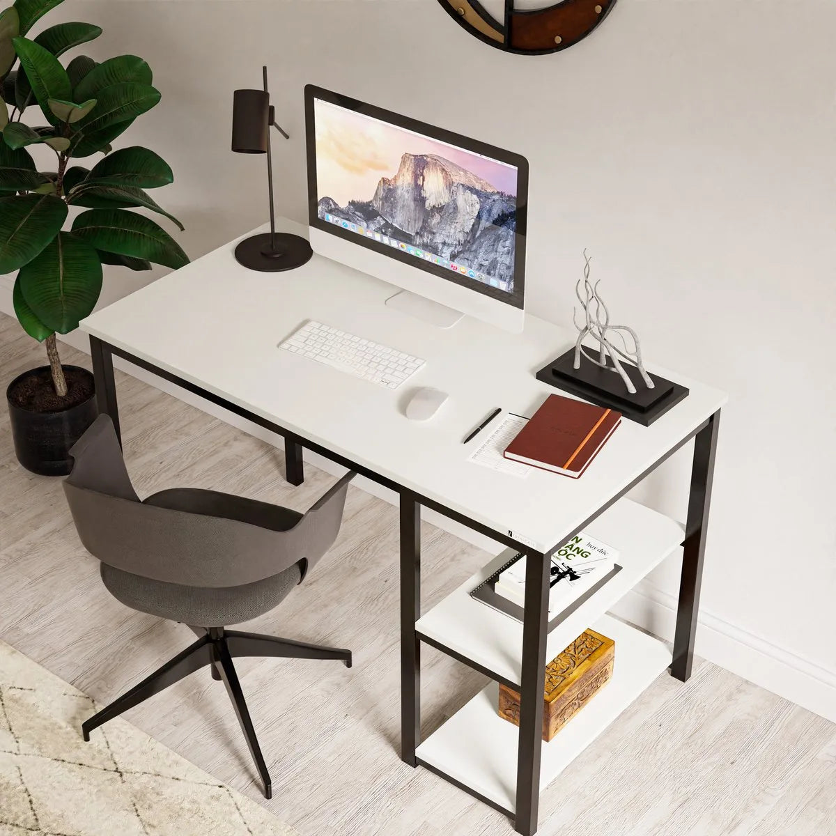 FurniChic-Computertafel -PC Tafel -Bureautafel met 2 Legplanken-E1 Certified- Stalen Frame-Wit-Thuis & Kantoor-120x60x73 cm