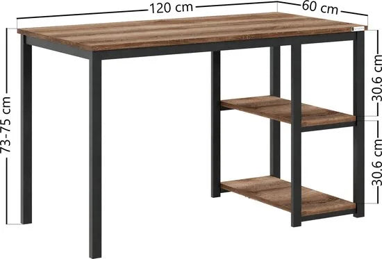 FurniChic-Computertafel -PC Tafel -Bureautafel met 2 Legplanken-E1 Certified- Stalen Frame-Bruin-Thuis & Kantoor-120x60x73 cm