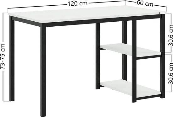 FurniChic-Computertafel -PC Tafel -Bureautafel met 2 Legplanken-E1 Certified- Stalen Frame-Wit-Thuis & Kantoor-120x60x73 cm