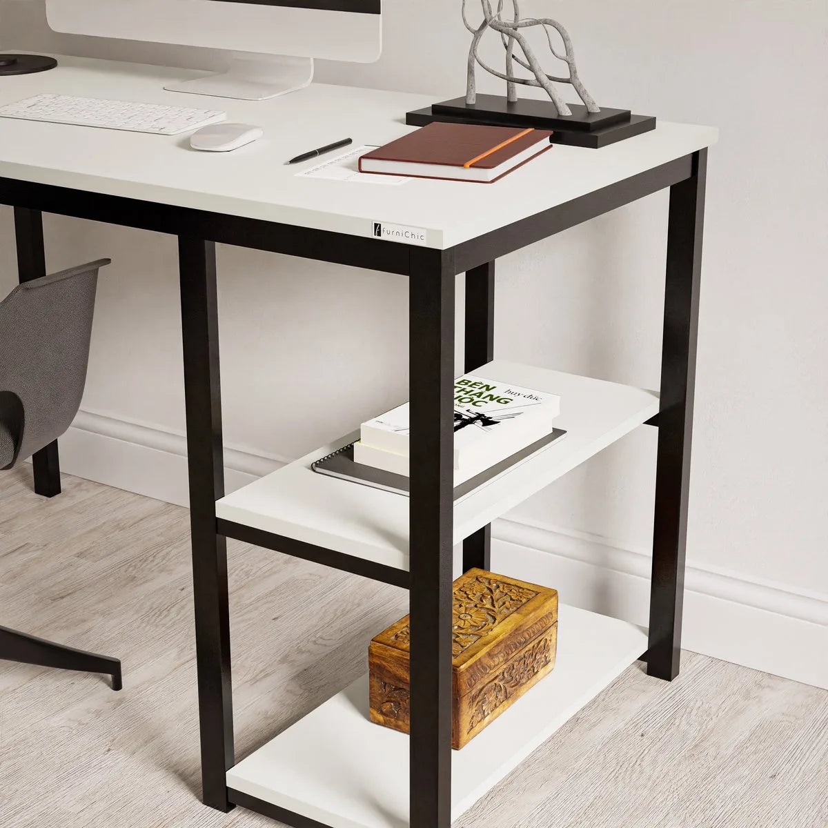 FurniChic-Computertafel -PC Tafel -Bureautafel met 2 Legplanken-E1 Certified- Stalen Frame-Wit-Thuis & Kantoor-120x60x73 cm