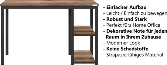 FurniChic-Computertafel -PC Tafel -Bureautafel met 2 Legplanken-E1 Certified- Stalen Frame-Bruin-Thuis & Kantoor-120x60x73 cm