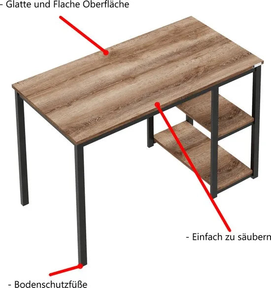FurniChic-Computertafel -PC Tafel -Bureautafel met 2 Legplanken-E1 Certified- Stalen Frame-Bruin-Thuis & Kantoor-120x60x73 cm