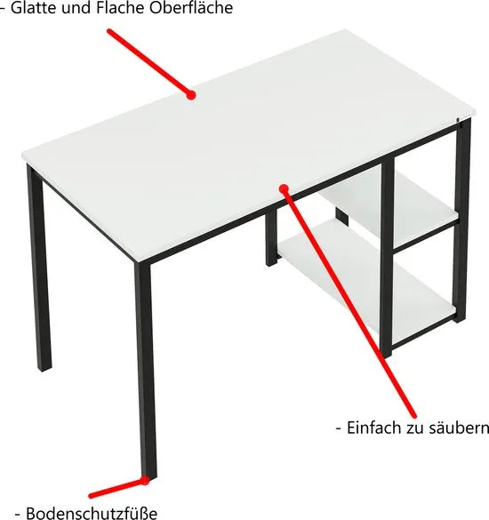 FurniChic-Computertafel -PC Tafel -Bureautafel met 2 Legplanken-E1 Certified- Stalen Frame-Wit-Thuis & Kantoor-120x60x73 cm